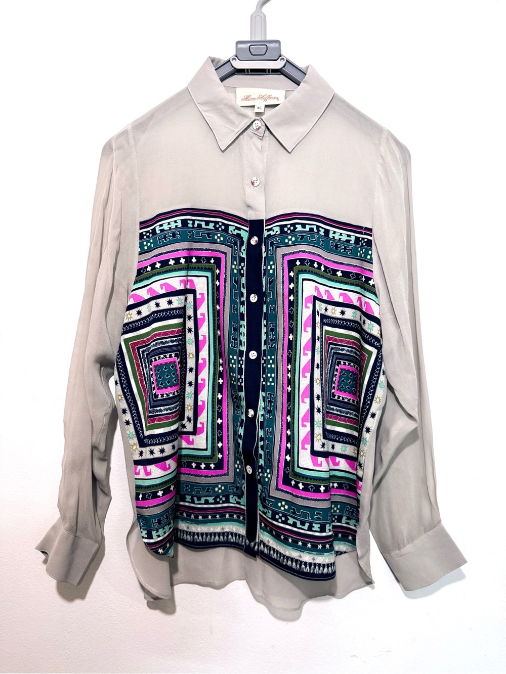 Mara Hoffman Silk Button-Down Blouse in Light Gray with Teal, Pink & Navy Print